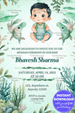 Aquatic-Themed Mundan Ceremony with Baby Illustration and Pastel Green Background