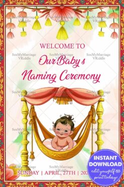 Baby Naming Ceremony Welcome Banner with Floral Garland and Adorable Baby in a Golden Swing Illustration