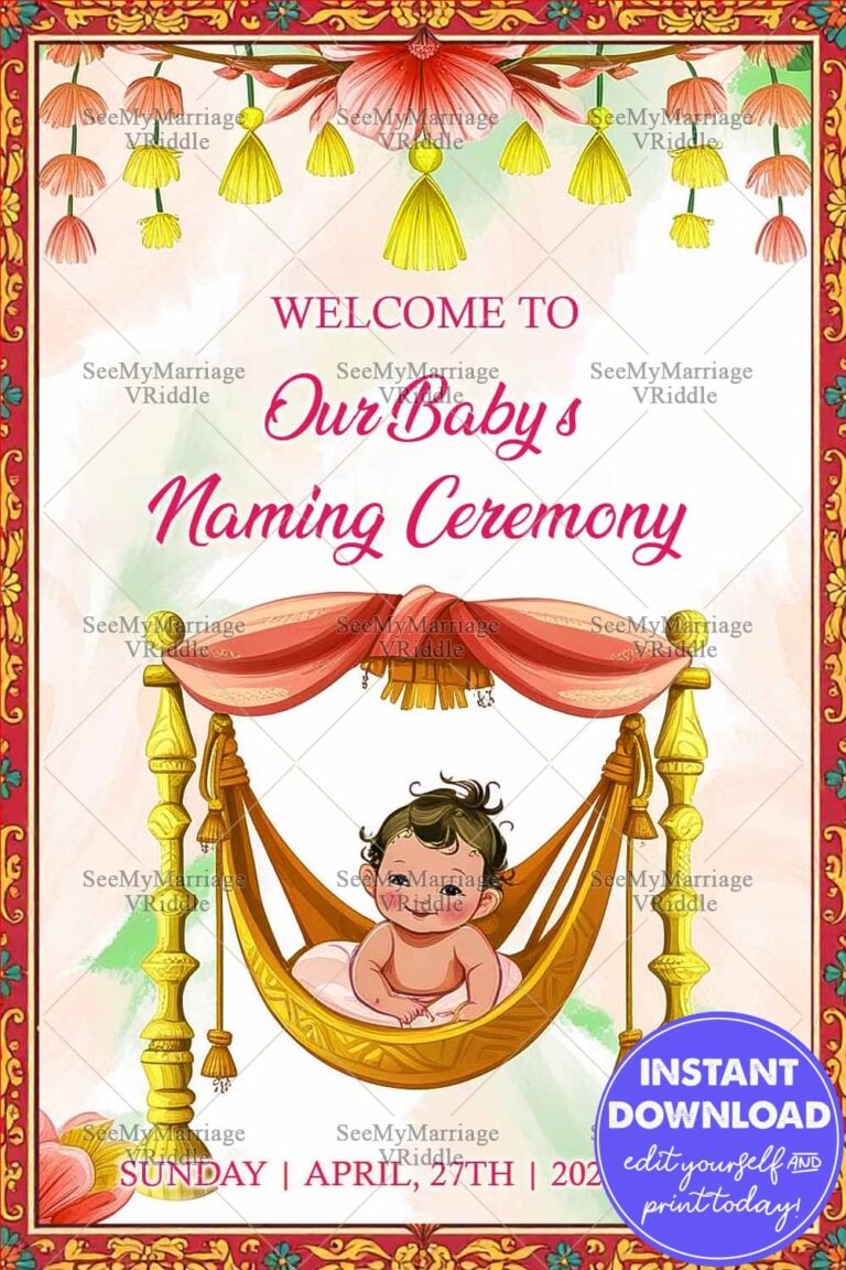 Baby Naming Ceremony Welcome Banner with Floral Garland and Adorable Baby in a Golden Swing Illustration