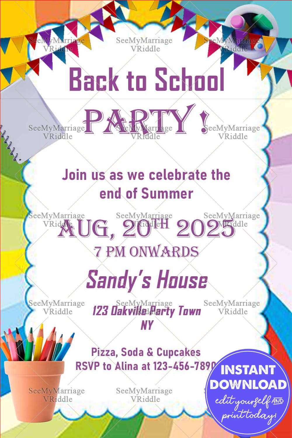 Back-to-School Party Invitation with Colorful Rainbow Border, Stationery Motifs, and End-of-Summer Theme