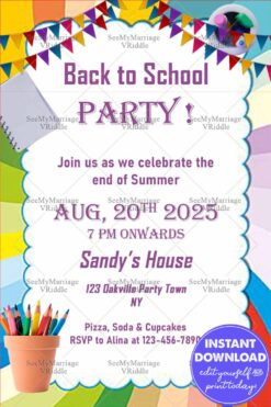 Back-to-School Party Invitation with Colorful Rainbow Border, Stationery Motifs, and End-of-Summer Theme
