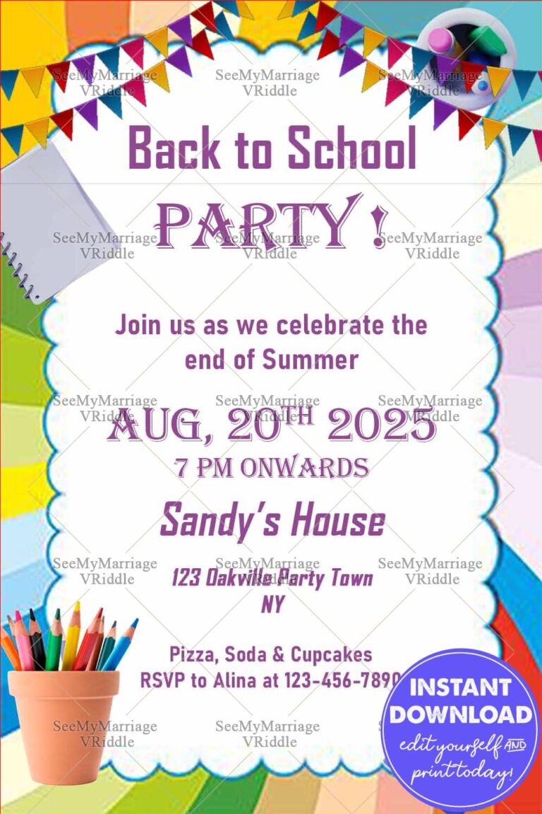Back-to-School Party Invitation with Colorful Rainbow Border, Stationery Motifs, and End-of-Summer Theme