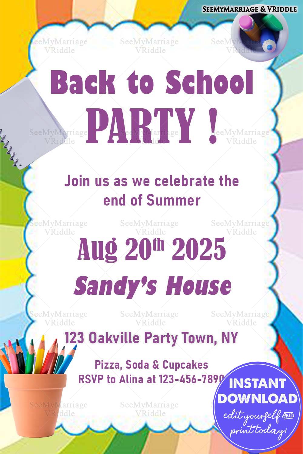 Back-to-School Party Invitation with Colorful Rainbow Border, Stationery Motifs, and End-of-Summer Theme