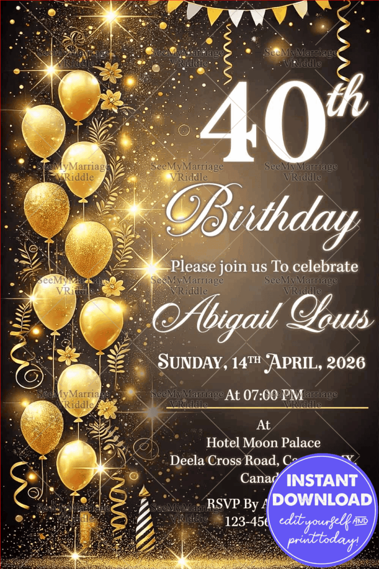 Black-Gold Themed 40th Birthday Invitation with Golden Balloon, Glitter Accents and Luxurious Design