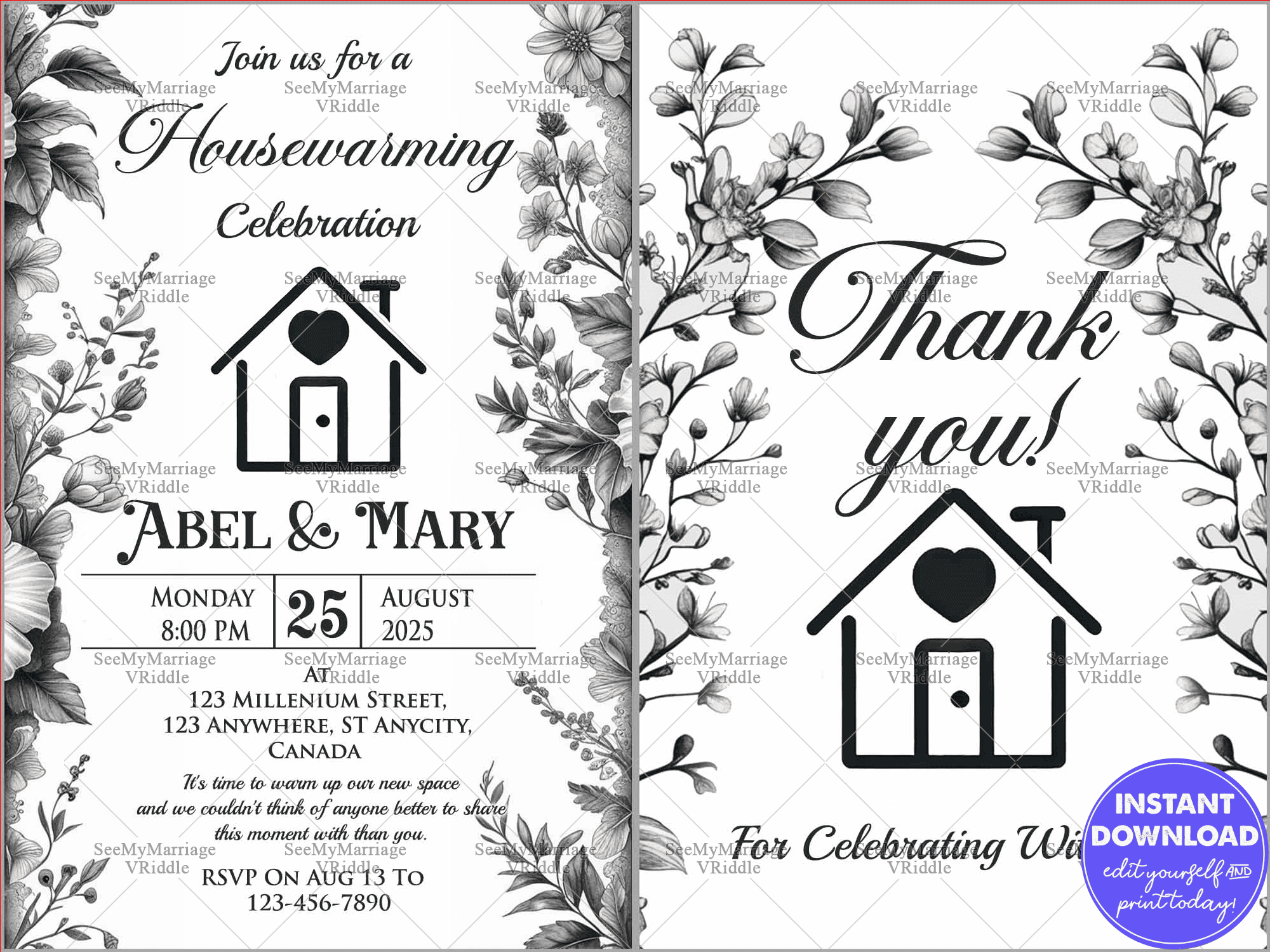 Black & White Housewarming Invitation and Thank You Card Featuring with Minimalist Home Illustration and Simple Layout