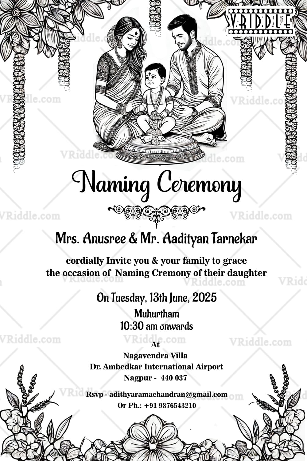 Black & White Theme Naming Ceremony Invitation With Family Illustration and Classic Line-Art