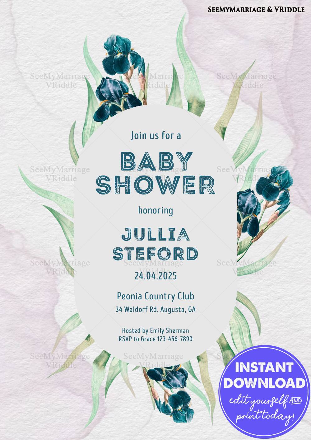 Blue Floral-Themed Baby Shower Invitation with Minimalist Design in Blue and Green Tones