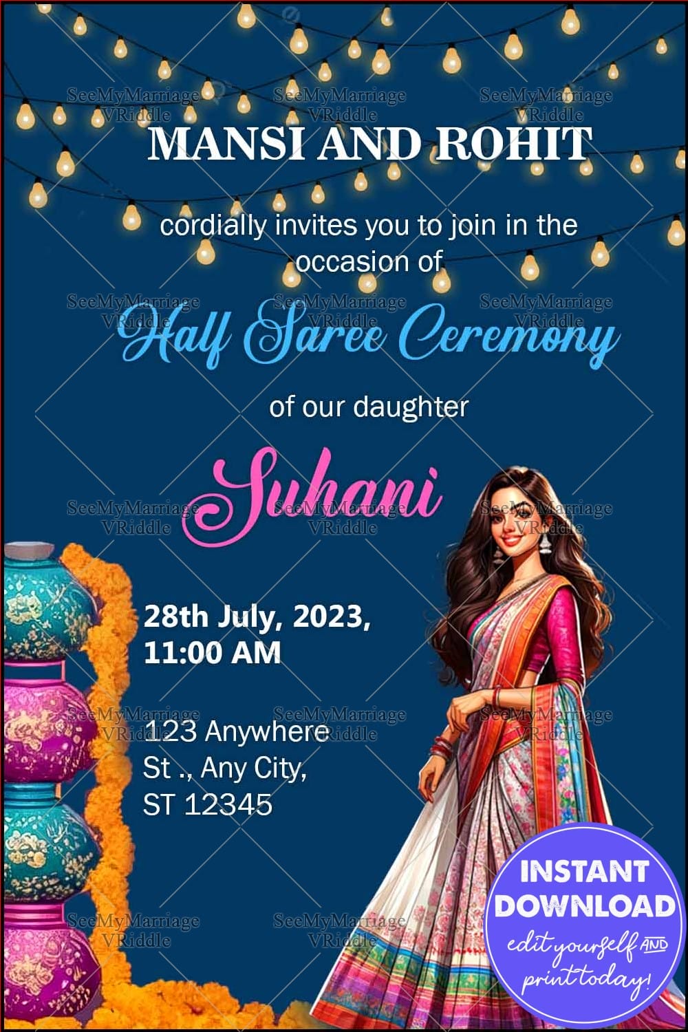 Blue Half Saree Ceremony Invitation with Festive Lighting, Traditional Attire, and Vibrant Floral Elements