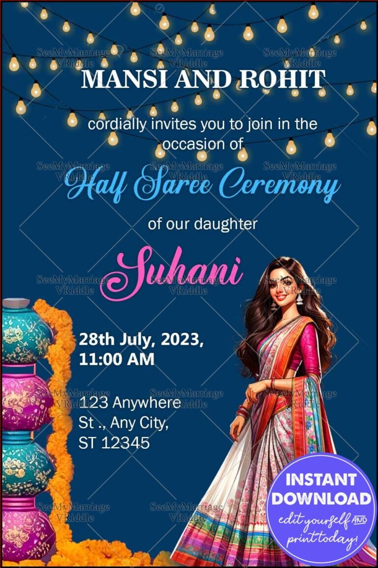 Blue Half Saree Ceremony Invitation with Festive Lighting, Traditional Attire, and Vibrant Floral Elements