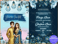 Blue-Themed Muslim Engagement Party Invitation with Lantern Motifs Florals and Couple Illustration