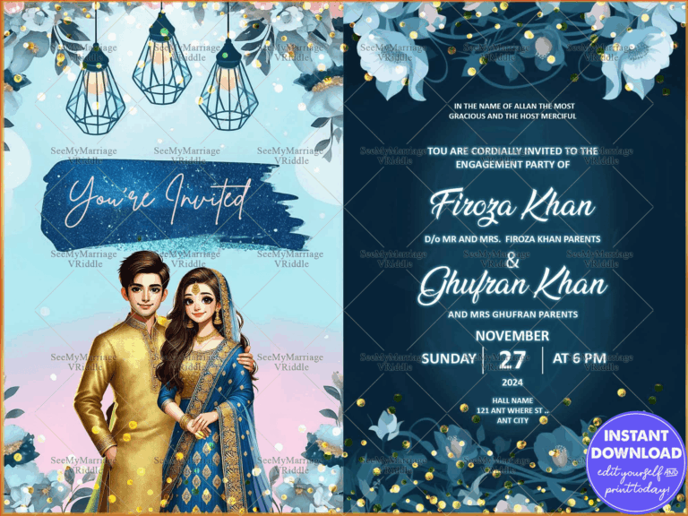 Blue-Themed Muslim Engagement Party Invitation with Lantern Motifs Florals and Couple Illustration