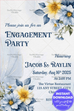 Blue and Cream Florals Engagement Party Invitation with Modern Typography and Soft Textured Background