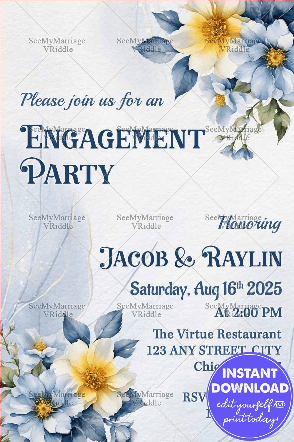 Blue and Cream Florals Engagement Party Invitation with Modern Typography and Soft Textured Background