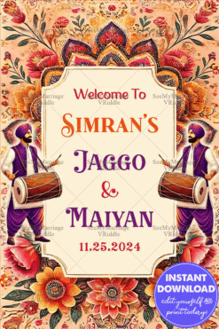 Bold Floral Jaggo & Maiyan Welcome Sign/Banner with Traditional Indian Motifs in Warm Festive Colors