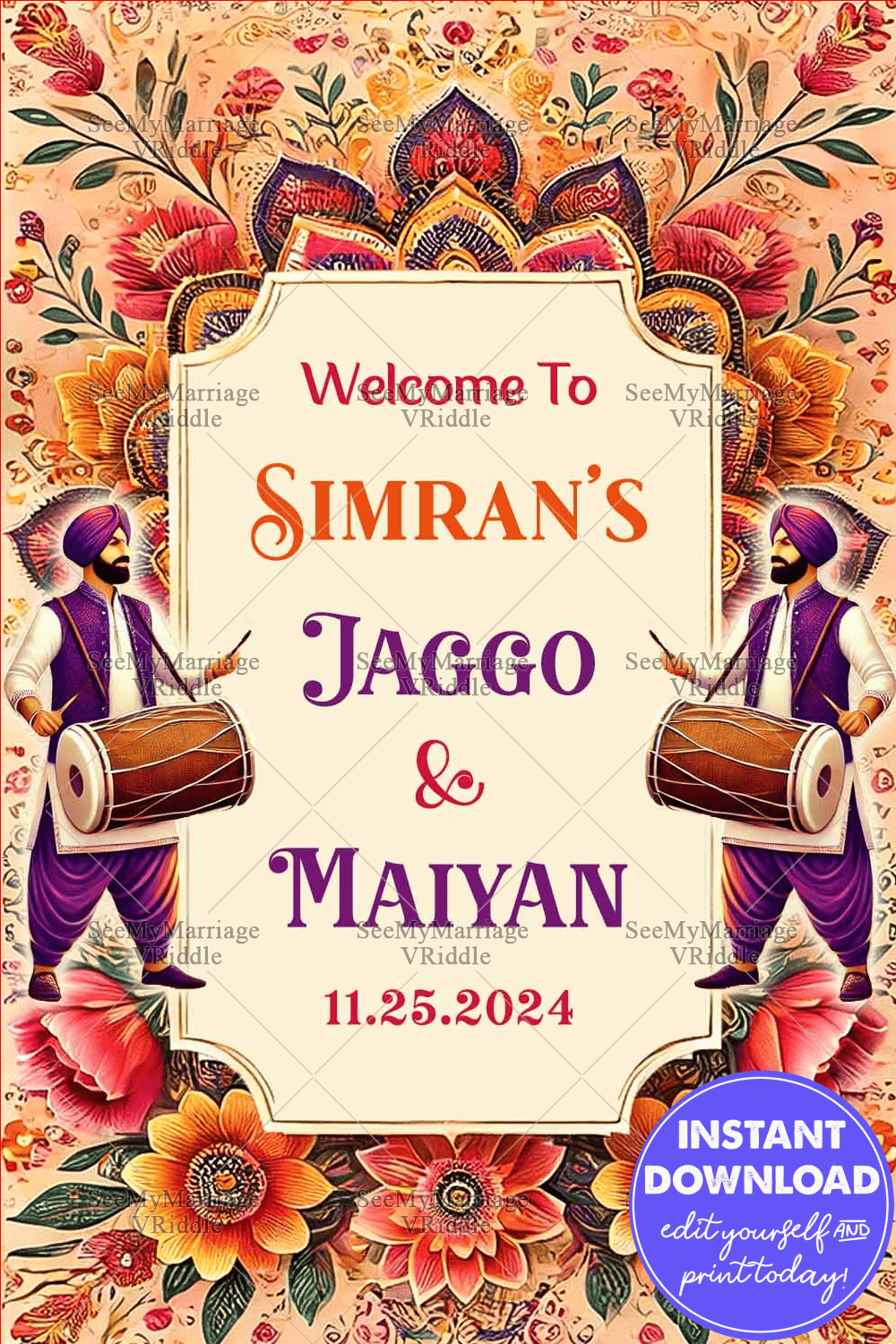 Bold Floral Jaggo & Maiyan Welcome SignBanner with Traditional Indian Motifs in Warm Festive Colors