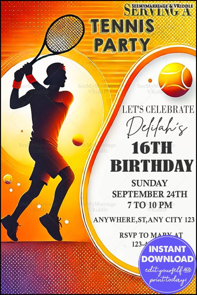 Bright Tennis-Themed 16th Birthday Party Invitation with Bold Orange Hues and Sports Motifs