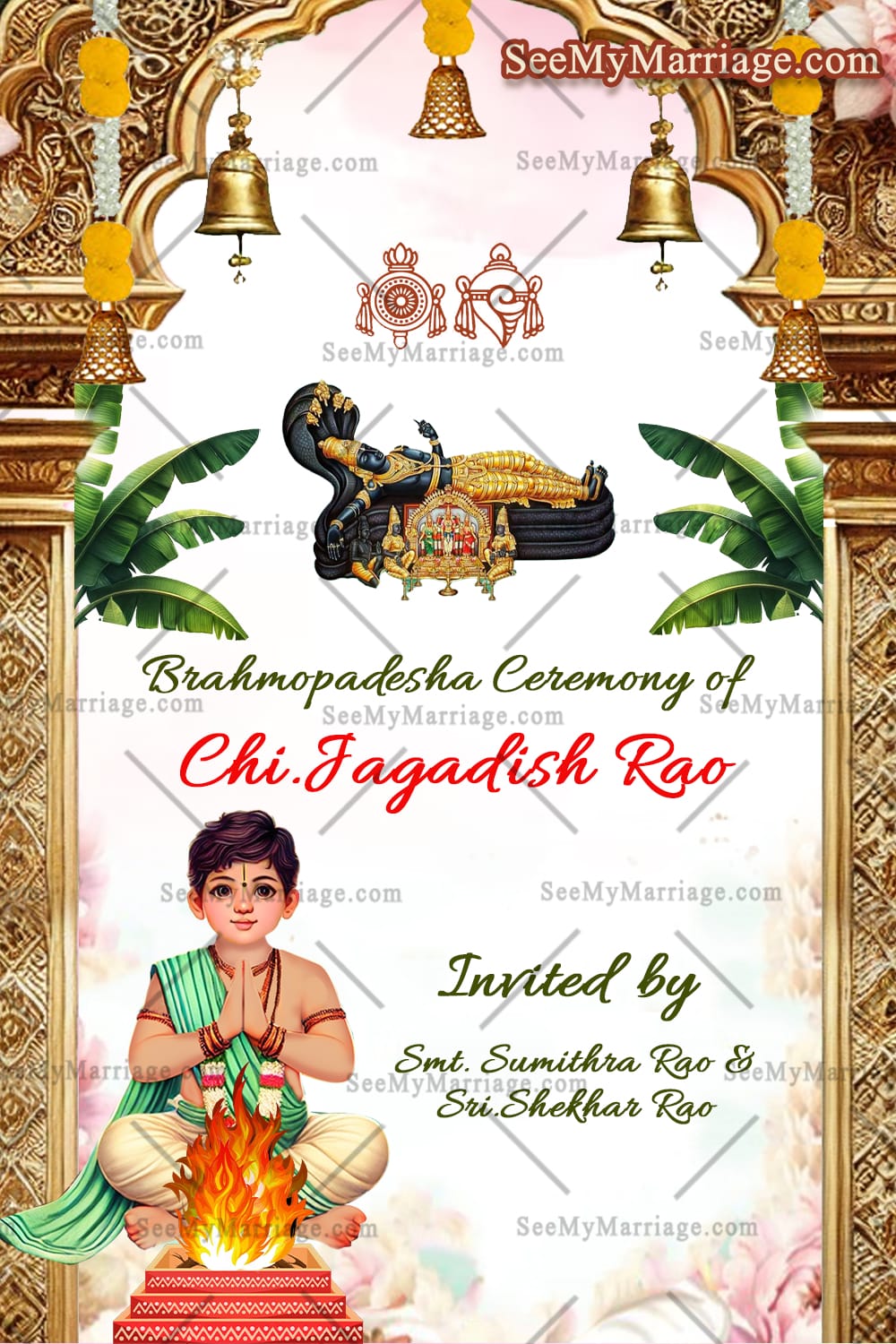 Traditional Brahmopadesha Invitation Card With Family Illustration, Ritual Explanation Design