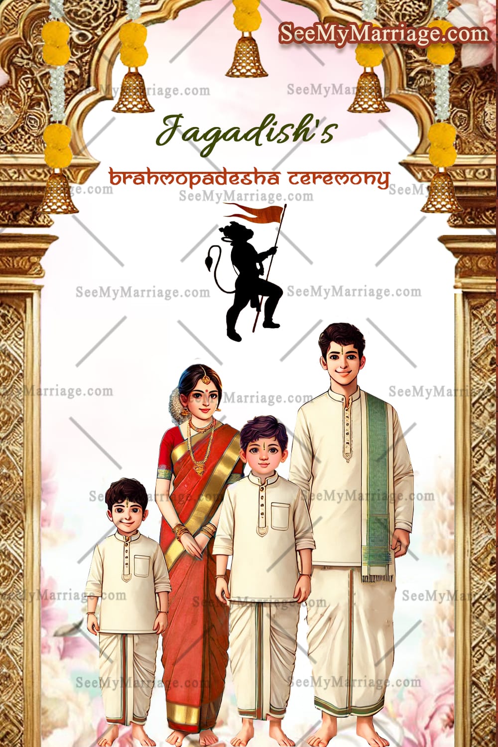 Traditional Brahmopadesha Invitation Card With Family Illustration, Ritual Explanation Design