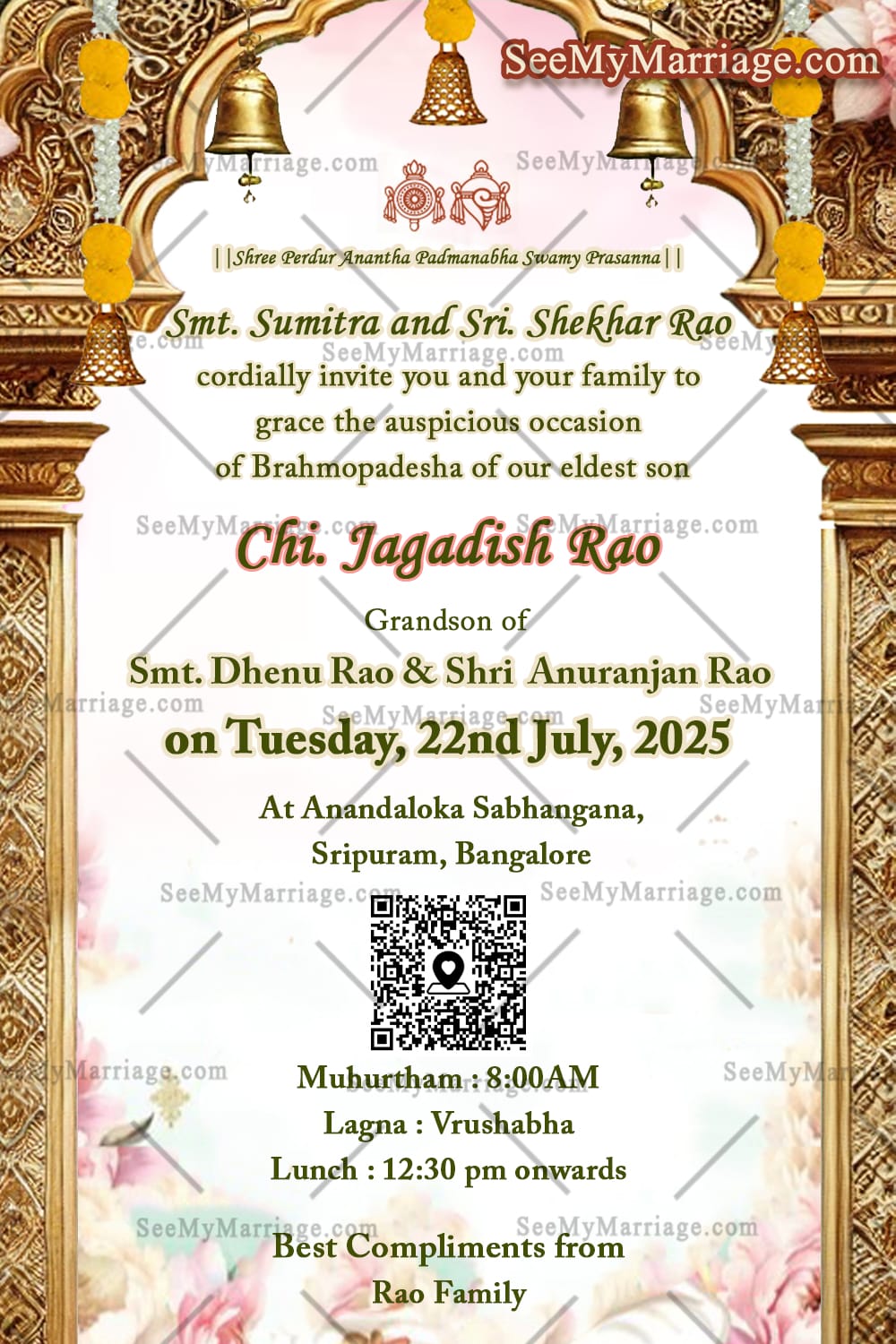 Traditional Brahmopadesha Invitation Card With Family Illustration, Ritual Explanation Design