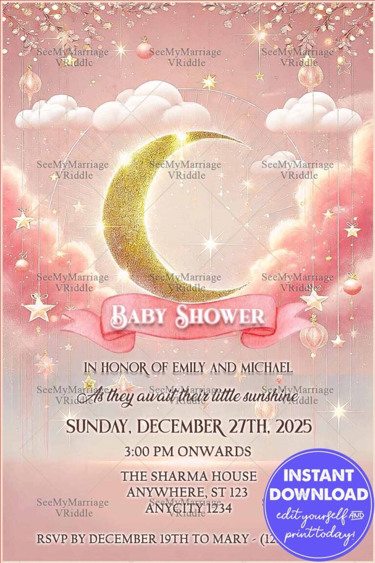Celestial Baby Shower Invitation with Glittering Crescent Moon, Starry Pink Sky, and Dreamy Clouds