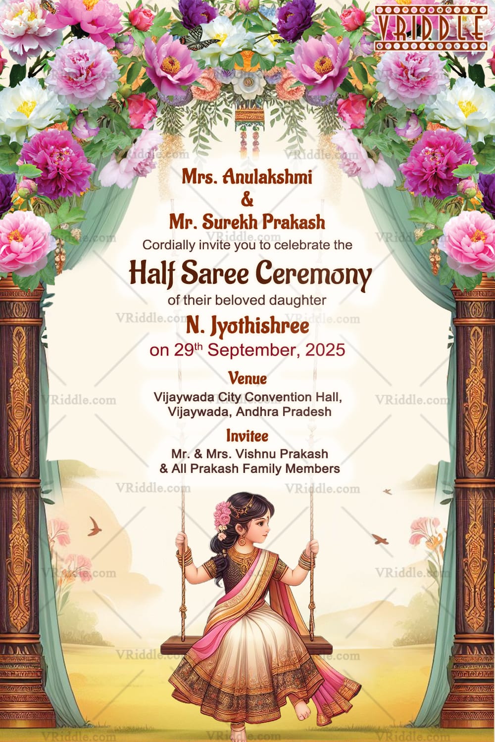 Charming Half-Saree Invitation with Swing Illustration, Nature Backdrop and Wooden Pillars