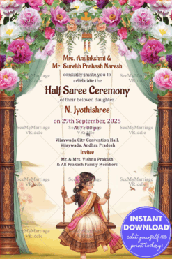 Charming Half-Saree Invitation with Swing Illustration, Nature Backdrop and Wooden Pillars