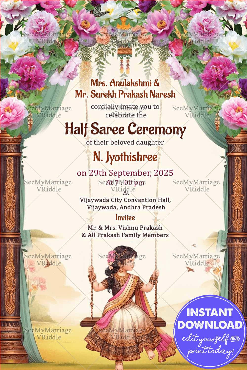 Charming Half-Saree Invitation with Swing Illustration, Nature Backdrop and Wooden Pillars