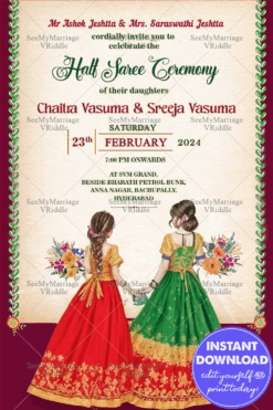 Charming Sisters Half Saree Ceremony Invitation with Traditional Elegance & Floral Accents