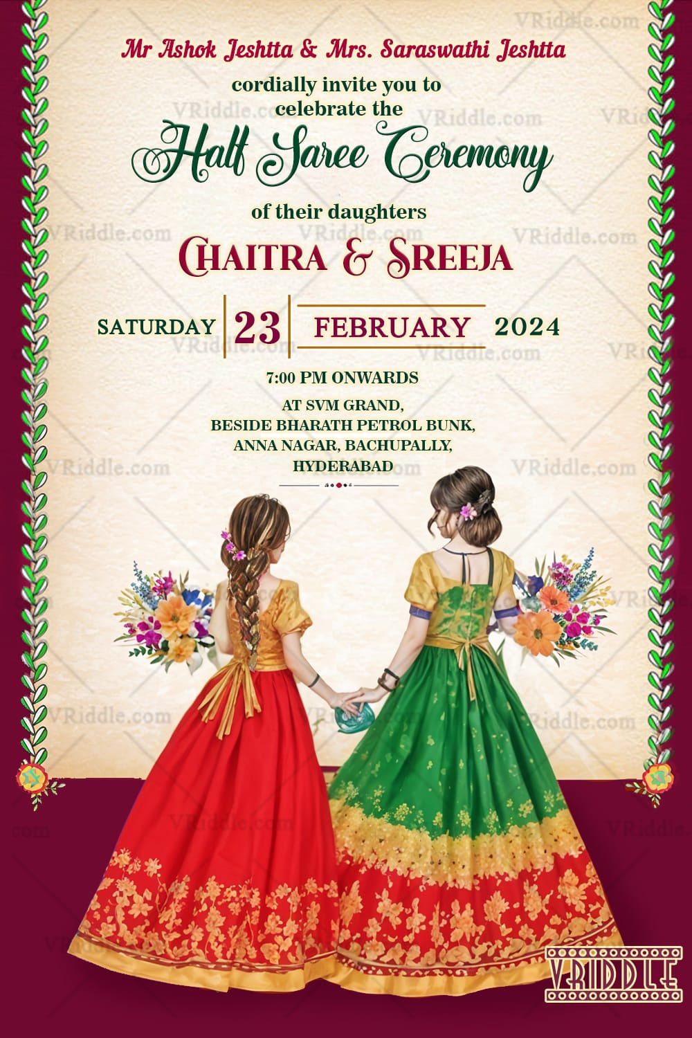 Charming Sisters Half Saree Ceremony Invitation with Traditional Elegance & Floral Accents