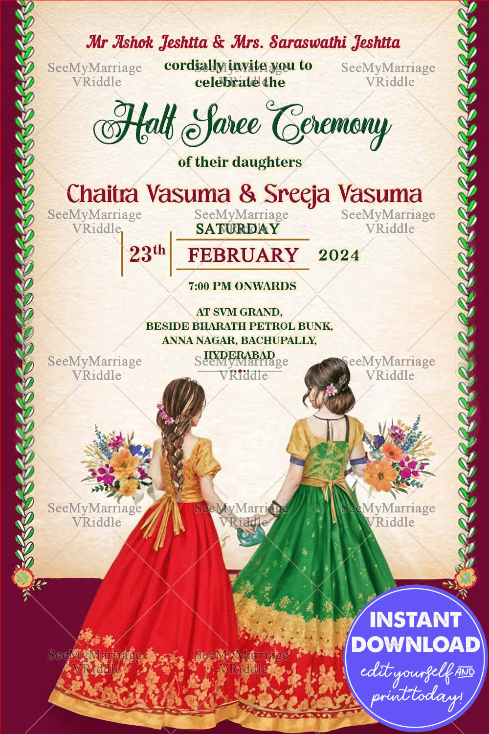 Charming Sisters Half Saree Ceremony Invitation with Traditional Elegance & Floral Accents