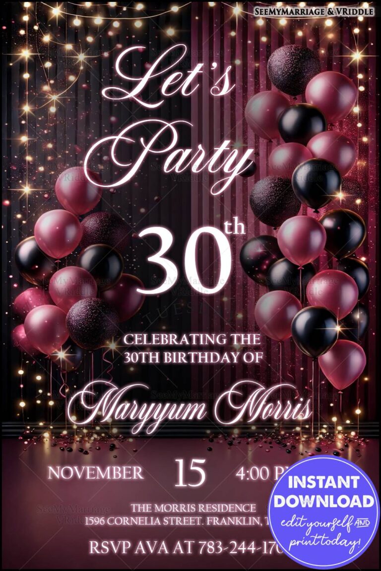 Chic 30th Birthday Invitation with Black and Burgundy Balloons and Sparkling Light Accents