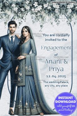 Chic Blue Engagement Invitation with Blue-Themed Couple Coordinated Attire and Delicate White Floral Accents