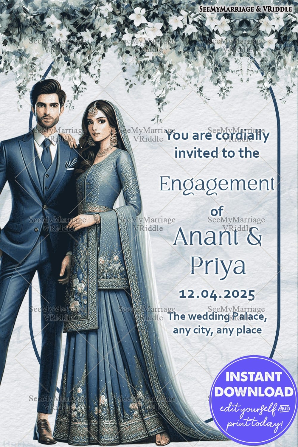 Chic Blue Engagement Invitation with Blue-Themed Couple Coordinated Attire and Delicate White Floral Accents