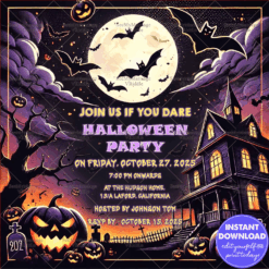Chilling Halloween Party Invitation with Haunted House, Full Moon, Bats, and Spooky Pumpkins