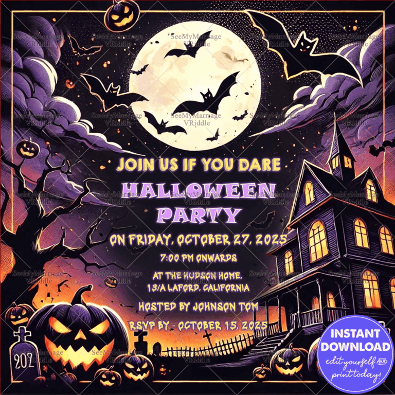 Chilling Halloween Party Invitation with Haunted House, Full Moon, Bats, and Spooky Pumpkins