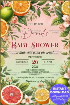 Citrus-Themed Baby Shower Invitation with Vibrant Orange, Lime, and Grapefruit Illustrations