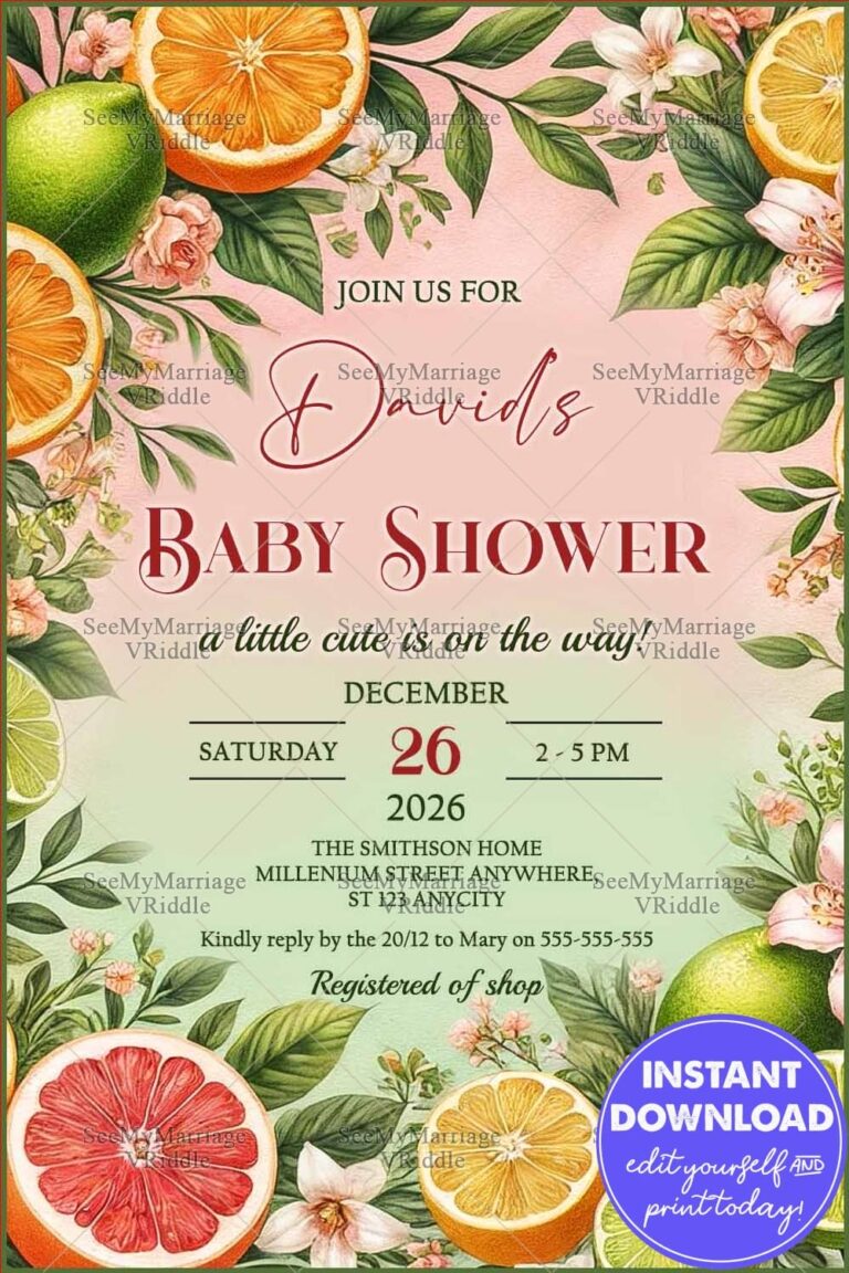 Citrus-Themed Baby Shower Invitation with Vibrant Orange, Lime, and Grapefruit Illustrations