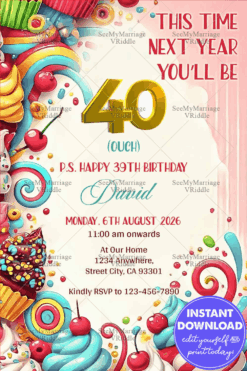 Colorful 39th Birthday Card with Cupcakes, Candy Swirls, and a Playful Countdown to Turning 40