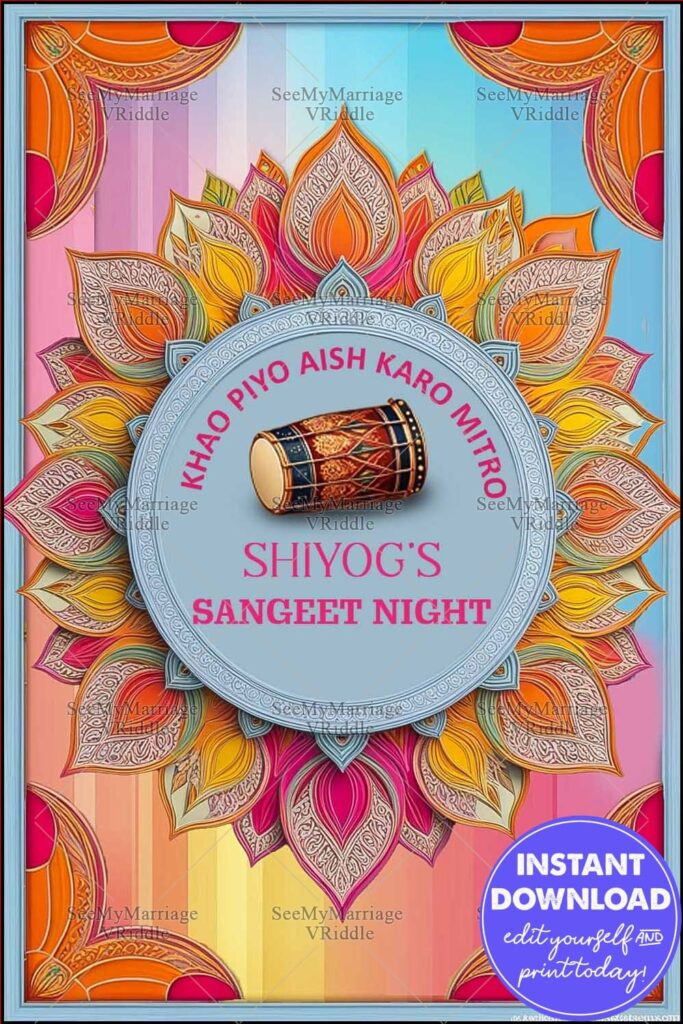 Colorful Mandala-Themed Sangeet Night Banner with Dhol and Traditional Indian Festive Motifs