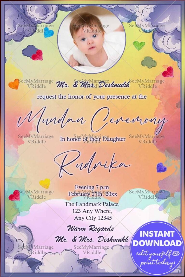 Colourful Mundan Ceremony Invitation with Baby Illustration and Dreamy Cloud Background