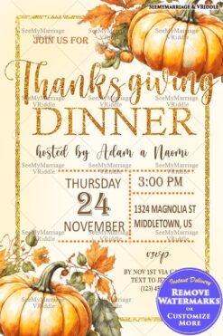 Cozy Golden Thanksgiving Dinner Invite with Fall Foliage and Pumpkin Autumn Theme