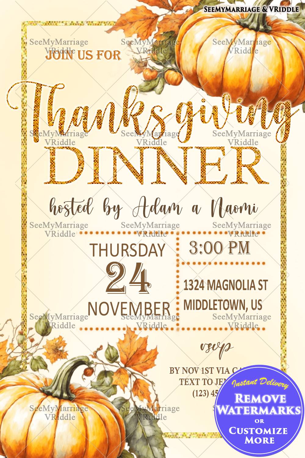 Cozy Golden Thanksgiving Dinner Invite with Fall Foliage and Pumpkin Autumn Theme