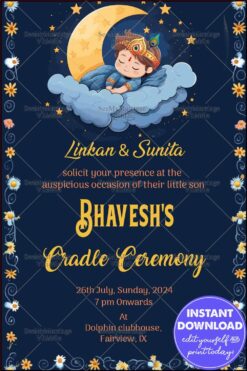 Cradle Ceremony Invitation with Baby Krishna Illustration and Starry Night Theme in Blue and Gold