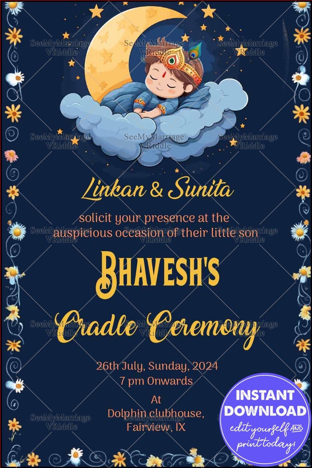 Cradle Ceremony Invitation with Baby Krishna Illustration and Starry Night Theme in Blue and Gold