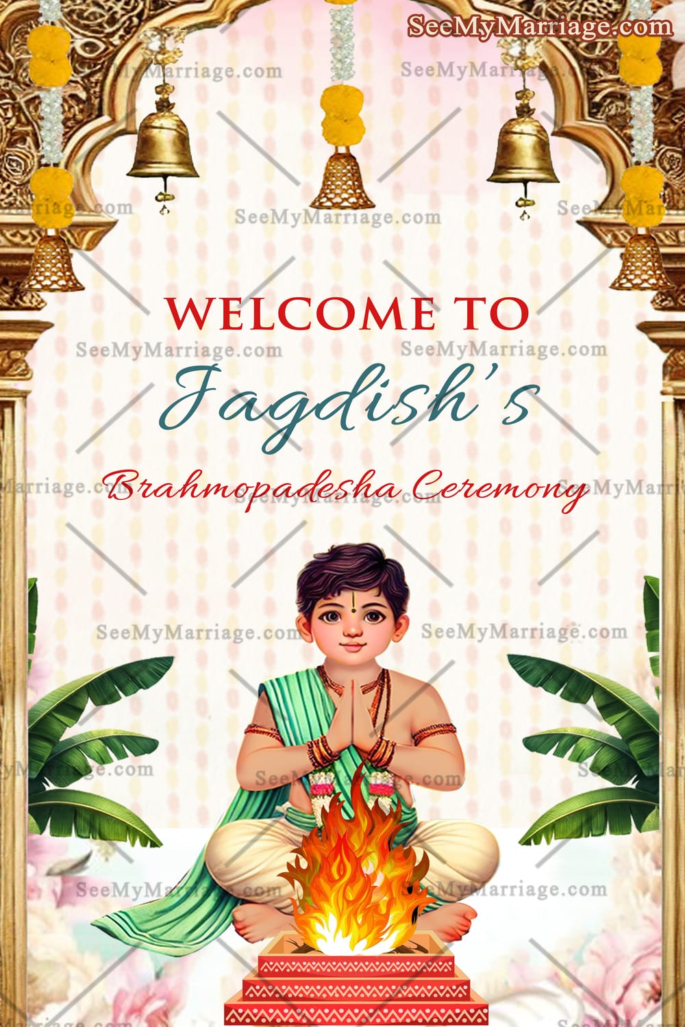 Cultural Brahmopadesha Ceremony Welcome Poster with Sacred Fire and Bells, Banana Leaves