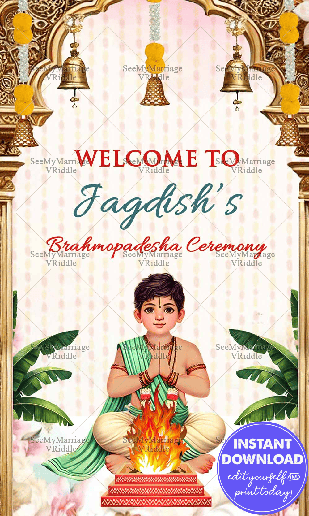 Cultural Brahmopadesha Ceremony Welcome Poster with Sacred Fire and Bells, Banana Leaves