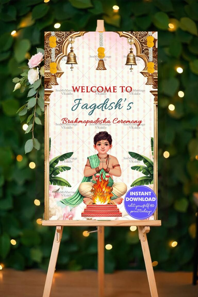 Cultural Brahmopadesha Ceremony Welcome Poster with Sacred Fire and Bells, Banana Leaves
