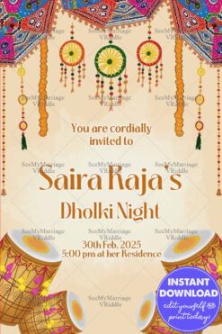 Cultural Dholki Night Invitation with Vibrant Dhols, Traditional Motifs, and Festive Decor