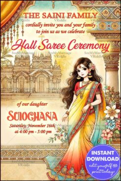 Cultural Half Saree Ceremony Invitation with Vibrant Girl Illustration and Ornate Temple Motif Background