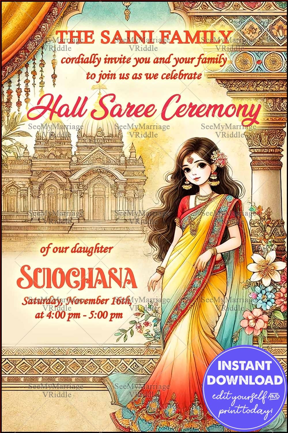 Cultural Half Saree Ceremony Invitation with Vibrant Girl Illustration and Ornate Temple Motif Background